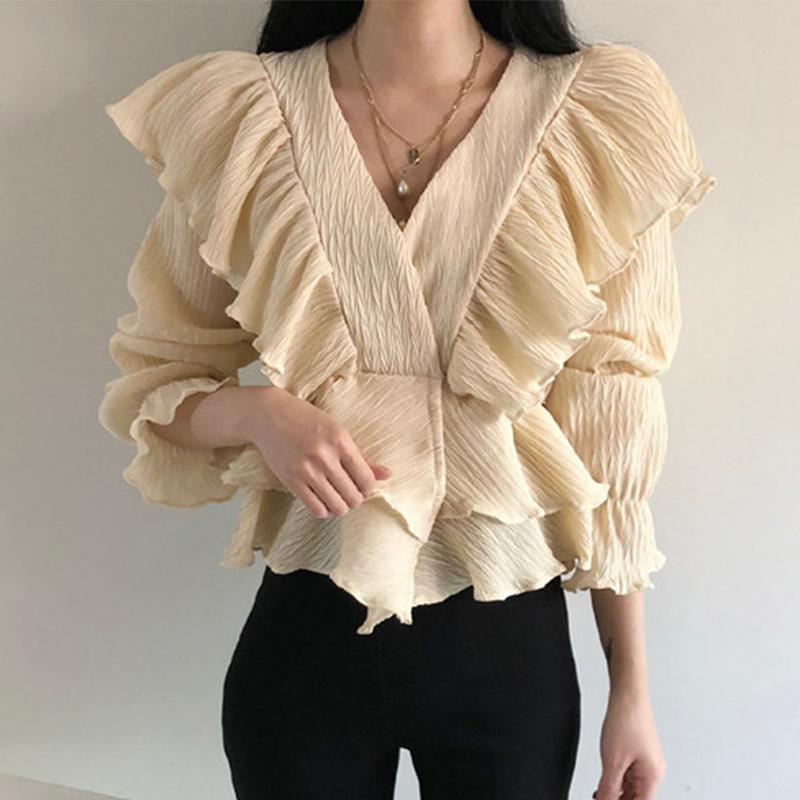 Women's Blouses & Shirts Women Chic Gentle Thin V-neck Ruffles Chiffon Stitching High-waisted Long Flared Sleeve Pleated Crop Tops Blusas, Black
Women's Blouses & Shirts Women Chic Gentle Thin V-neck Ruffles Chiffon Stitching High-waisted Long Flared Sleeve Pleated Crop Tops Blusas, Black