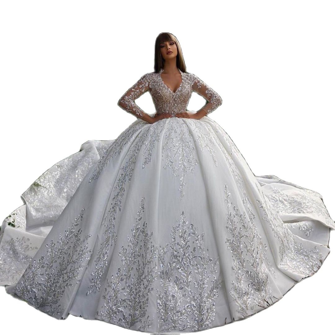 Exquisite V Neck Women Wedding Dress Custom Made Beads Lace Ball Gown Shiny Applique Bridal Dresses