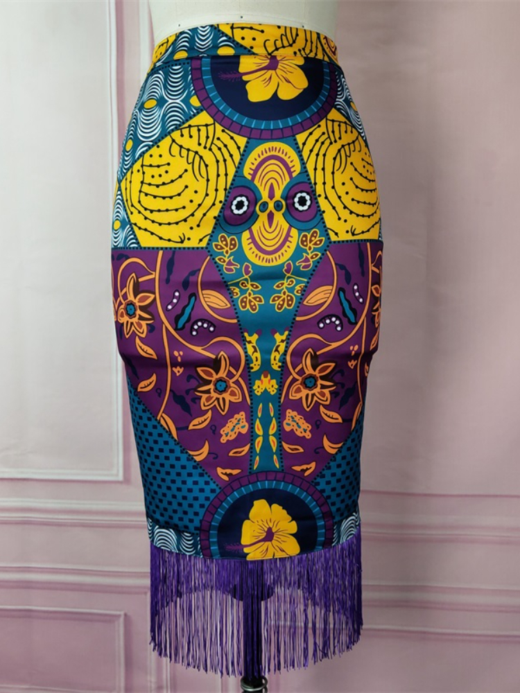 Women Summer Print Skirt Vintage Floral African Fashion High Waist Tassel Classy Modest Elegant Retro Jupes Falads Drop 220317