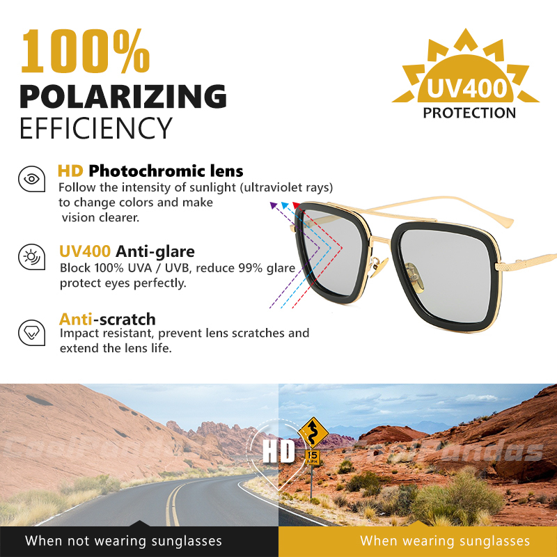 Top Quality Tony Stark Square Sunglasses Pochromic Polarized Men Glasses Steampunk Eyewear Driving Goggles zonnebril heren 220621