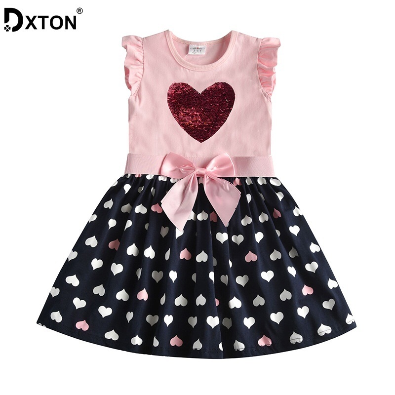 DXTON Girls Clothes Summer Girls Dresses Flying Sleeve Princess Dress Sequin Heart Girls Vestidos Casual Children Dress 220707