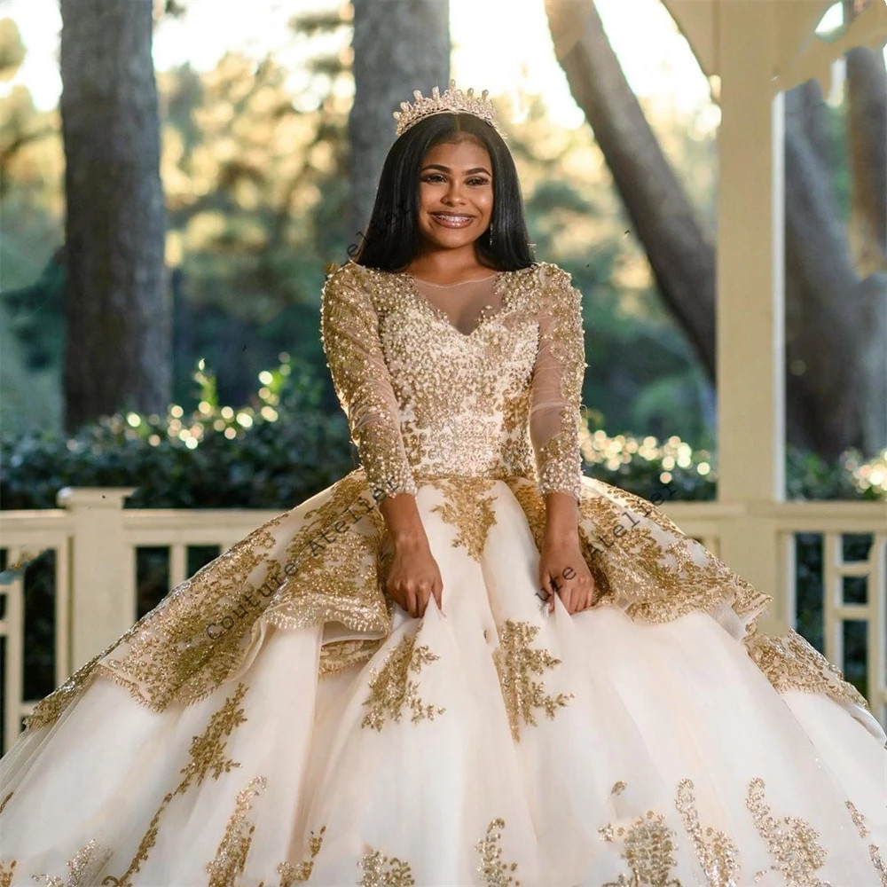 Champagne gold Long Sleeve Ball Gown Quinceanera Dresses Formal Prom Graduation Gowns Lace Up Princess Sweet 16 Dress vestidos de 15