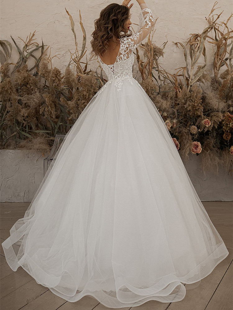 Elegant Ball Gown Wedding Dresses Long Hollow Sleeves V Neck Sequins Appliques Lace Ruffles or Length Bridal Gowns Plus Size robes de soiree