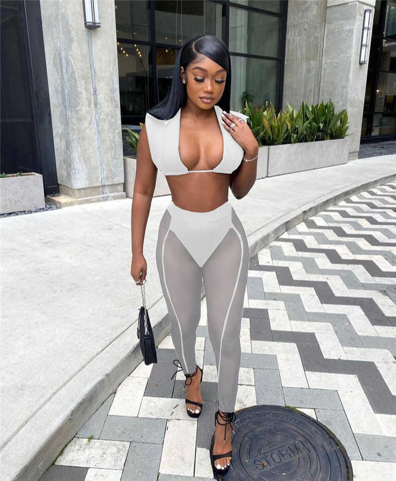 Women Two Pieces Mesh Pants Set Sexy Summer Outfits Crop Tops Sheer Leggings Wholesale Clothes Female Rave Party Wear