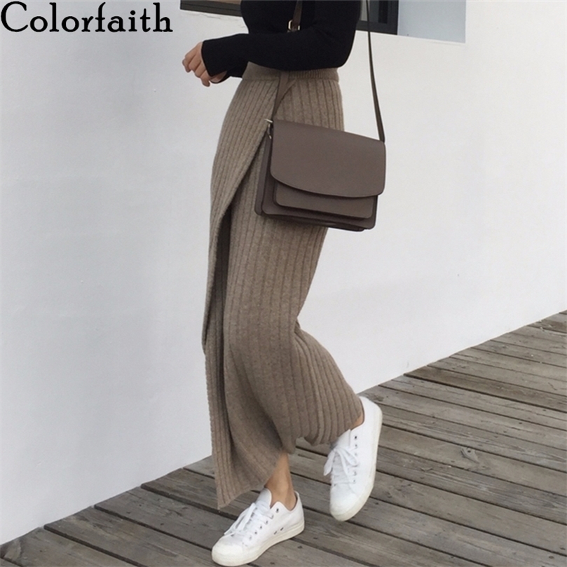 Colorfaith Knitting Chic Straight Korean Fashion Split Harajuku Elegant Vintage Spring Winter Women Long Skirts SK1967 220317