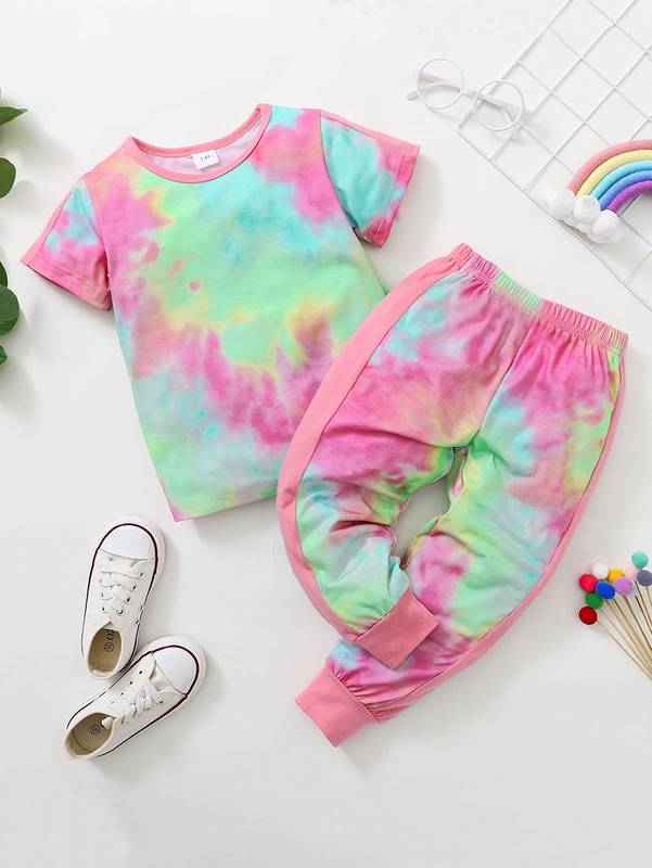 Toddler Girls Tie Dye Tee & Contrast Side Seam Sweatpants SHE