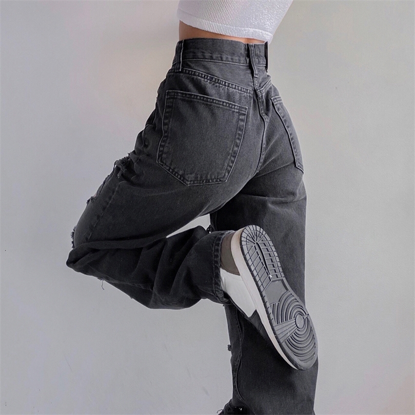 Weekeep Vintage Ripped Hole Jeans Women Baggy Cut Out High Waist Denim Pants Summer Korean Y2k Streetwear Fashion Straight Jeans 220815