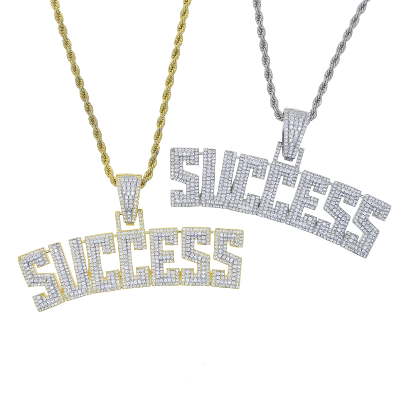 Iced Out Success Necklace Pendant with Rope Chain Bling 5A Cubic Zircon Necklace Letters Jewelry Fashion Men Women Gift