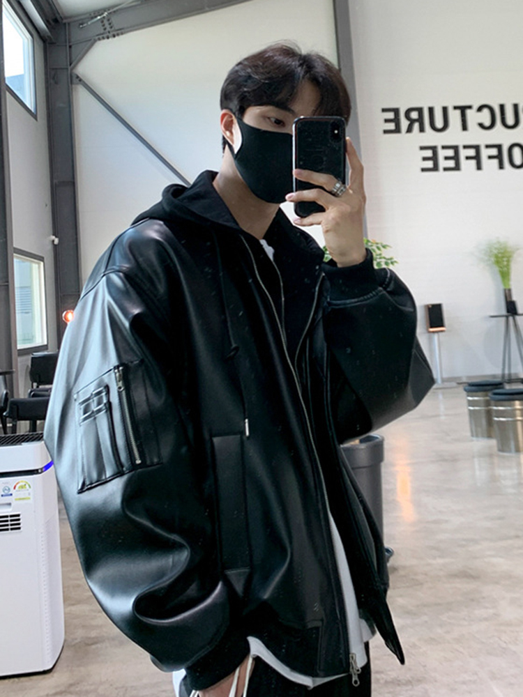 IEFB PU Leather Men's Splicing Hooded Jacket Korean Loose Fashion Solid Color Casual Temperament Zipper 9A1507 220816