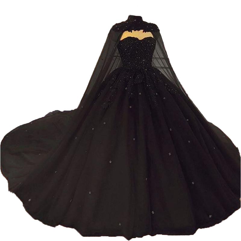 Luxury Crystals Black Ball Gown Wedding Dresses With Cape Sweetheart Watteau Train Retro Vintage Gothic Wedding Dress Bridal Gowns New 2022