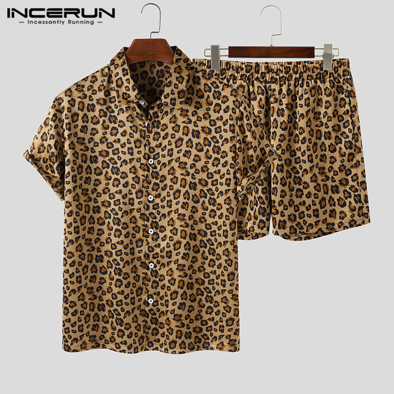 Fashion Men Sets Streetwear Leopard Print Short Sleeve Lapel Shirt Beach Shorts Hawaiian Suits 2 Pieces Plus Size INCERUN 220708