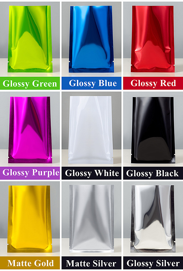 100pcs Glossy Matte Colored Open Top Aluminum Foil Packaging Bag Heat Sealing Herbal Powder Soap Shampoo Salt Seeds Chocolate Tea Snack Food Storage P