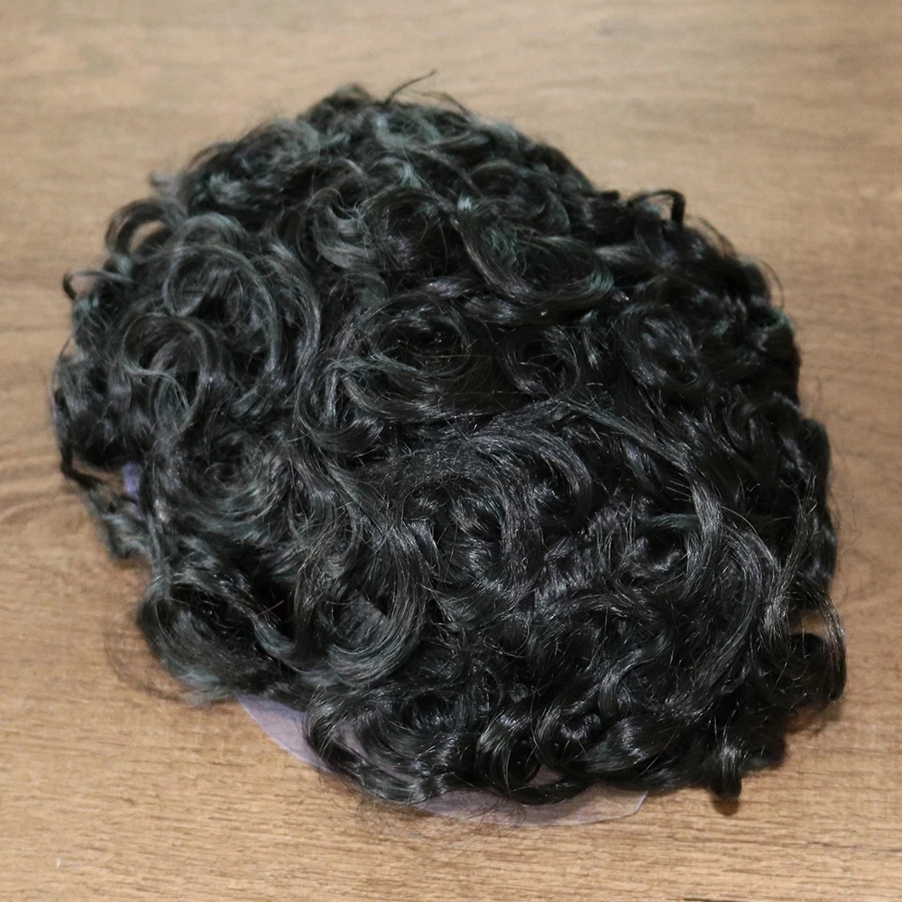 20MM Curly #1 Black Men's Wigs 100% Human Hair Unit Replacement System Durable Full Skin PU Toupee Male Capillary Prosthesis