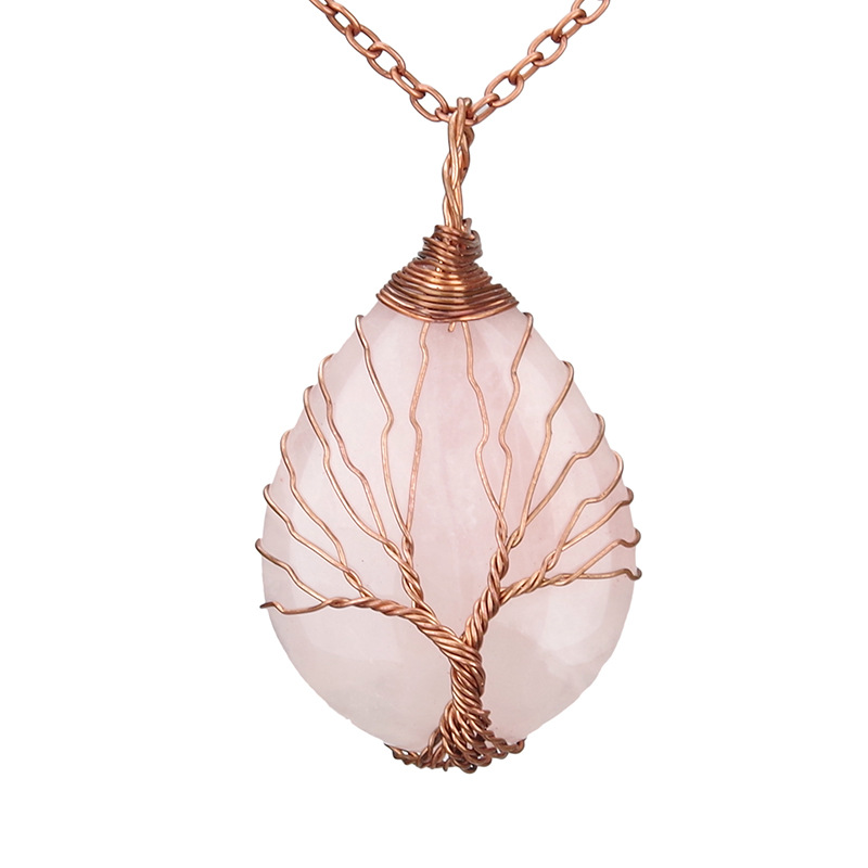 Antique Brass Wire Wrapped Tree of Life Natural Crystals Agate Pendant Necklace Healing Stone Necklaces