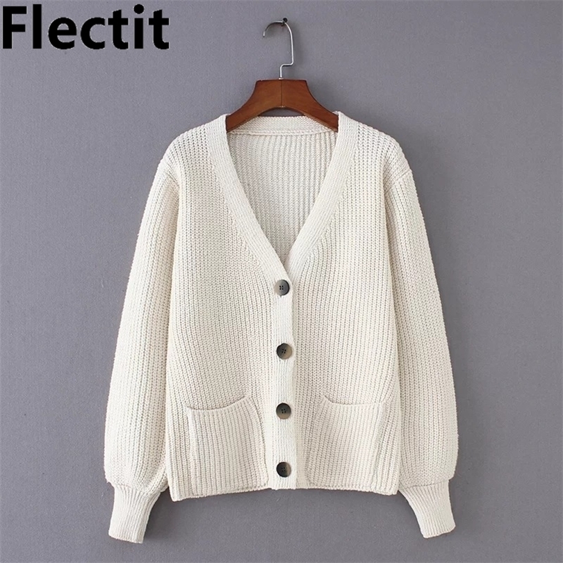 Flectit Cozy Ribbed Knit Cardigan Women Vneck Front Pocket Button Down Dropped Long Sleeve Korean Casual Chic Winter Tops