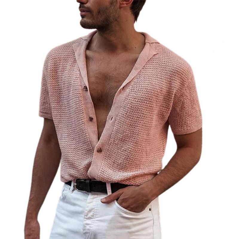 Men T shirt Solid Color Knitted Summer Top For Men Streetwear Casual Shirts Lapel Buttons Cardigan for Dating 220616