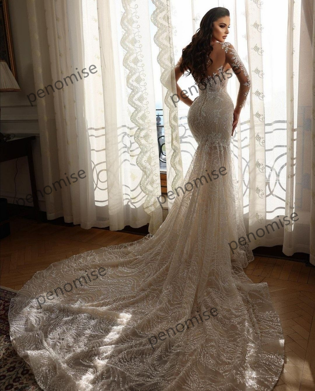 Wedding Elegant Dresses for Bride 2022 Lace Mermaid Bridal Gowns Sweep Train Sheer Long Sleeved Stylish Vestido De Novia