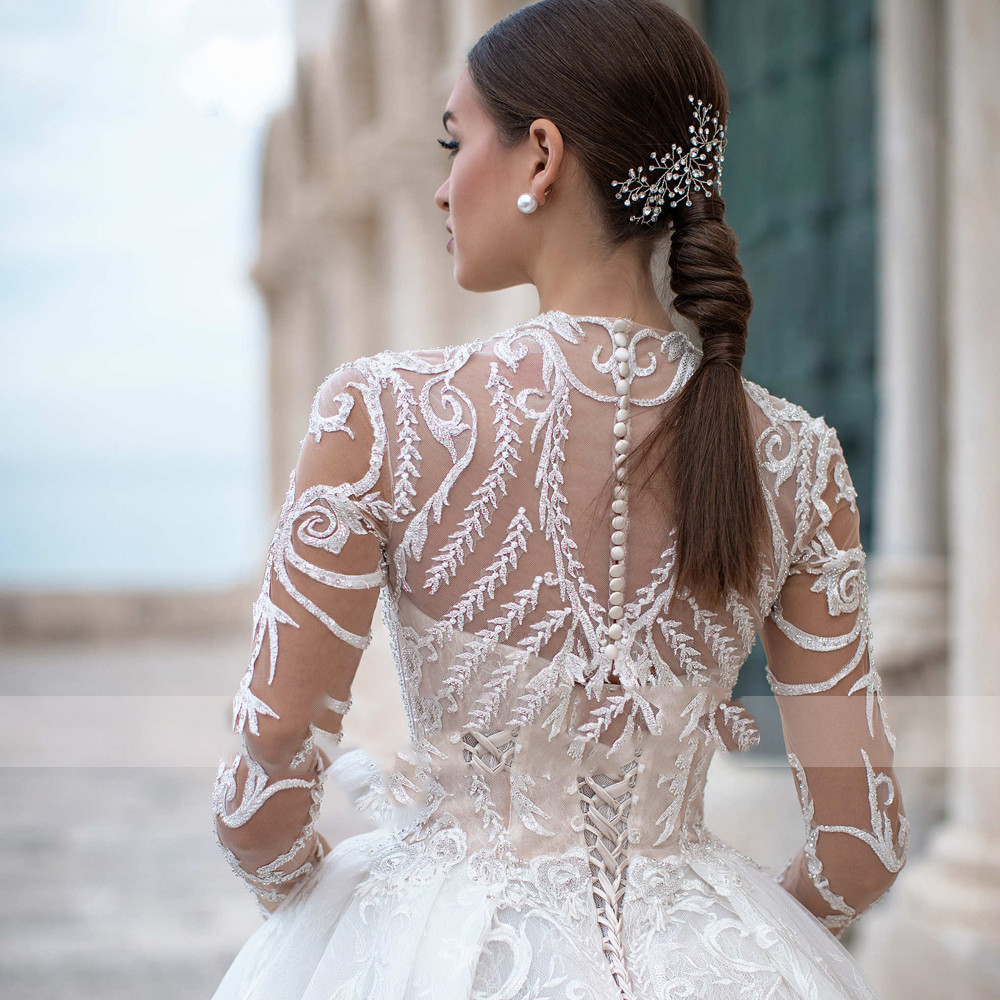 Ball Gown Wedding Dresses Sequins Beads Sexy V Neck Long Sleeves or Length Train Elegant High Waist urious Lace Ruffles Vintage Robes De Soiree