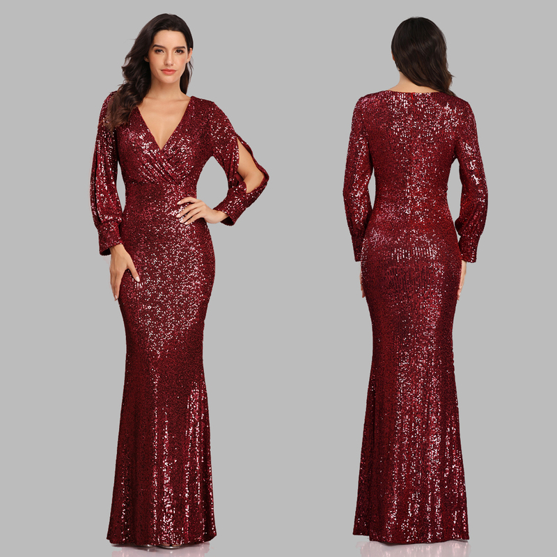 Sexy V-neck Mermaid Evening Dress Long Formal Prom Party Gown Full Sequins long Sleeve Galadress Vestidos Women Dresses 220510