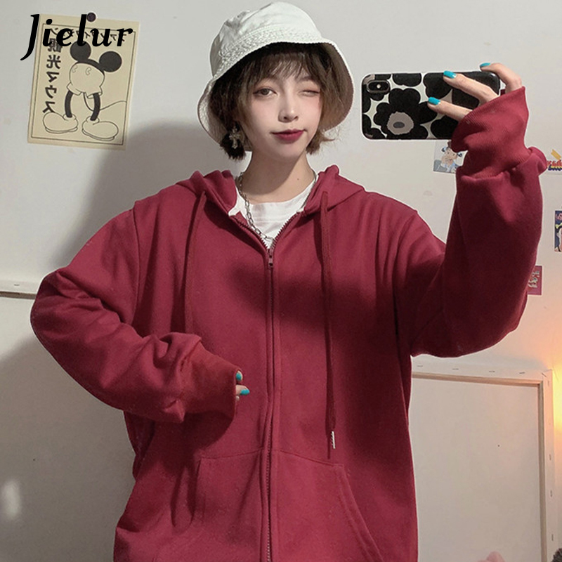Jielur Brick Red Black Gray Hoodies Female Zip-up Tracksuit Autumn Harajuku Cool Street Fashion Women's Sweatshirt M-XXL 220817