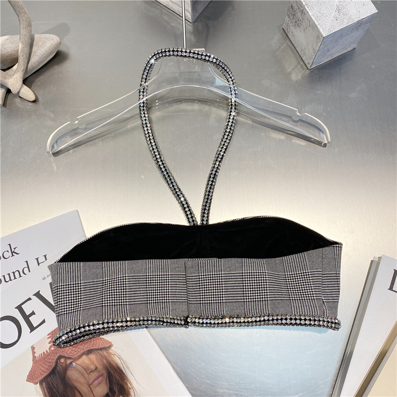 Summer French Ins Style Fashion Plaid Camisole Sexy Diamond-Studded Halterneck Tube Top Women Nightclub Party Tank Tops 220316