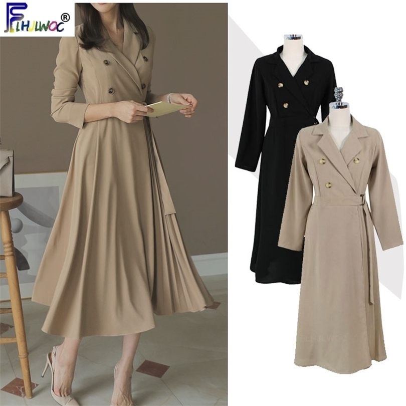 Spring Fashion Black Dresses Women Long Sleeve Korea Style Temperament Lady Double Button Blazer Dress Long 12920 201008