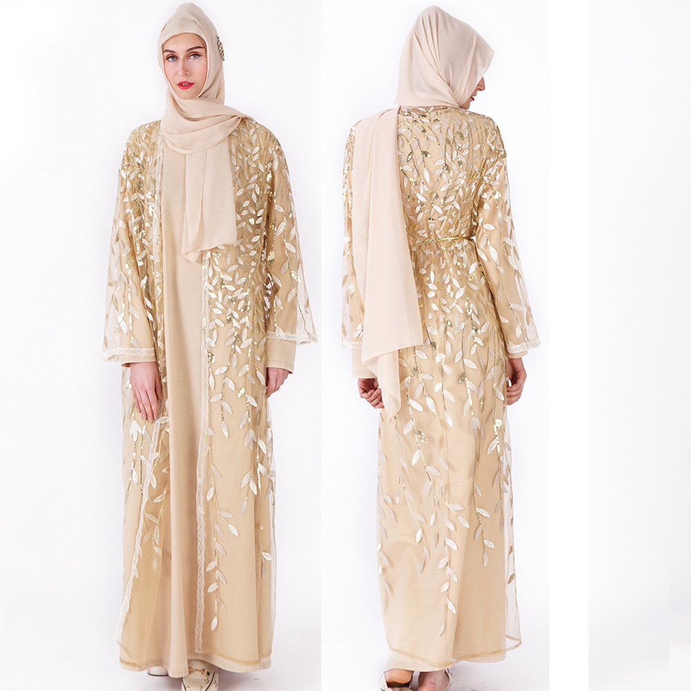 Islamic Muslim Burgundy Champagne Evening Dress 2022 Leaf Pattern Sequined Arabic Dubai Prom Dresses Elegant Women Vestidos Robe De Soiree Mariage Mor