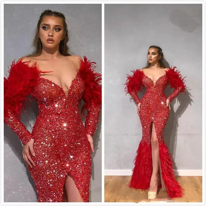 Red Sparkling Mermaid Prom Dresses Sexy V Neck Long Sleeves Satin Appliques Sequins Feather Plus Size Luxury Front Slit Floor Length Custom Made Eveni