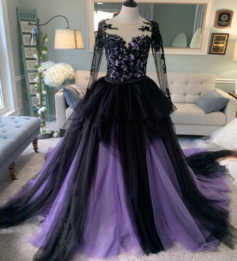 Gothic Lilac Mermaid Wedding Dress With Detachable Train Black Lace Long Sleeve Backless Boho Country Wedding Gown Women Bride Robe De Mariee vestidos
