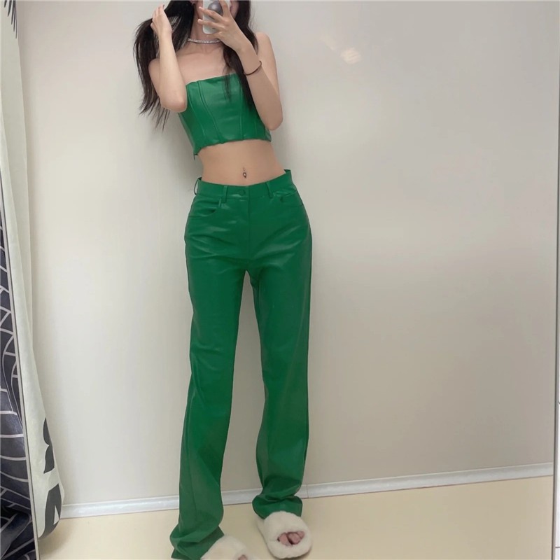 TRAF Off Shoulder Top Women Green Crop Female Faux Leather Corset Ruched Tube Sexy Woman Tank s Backless Bustier s 220316