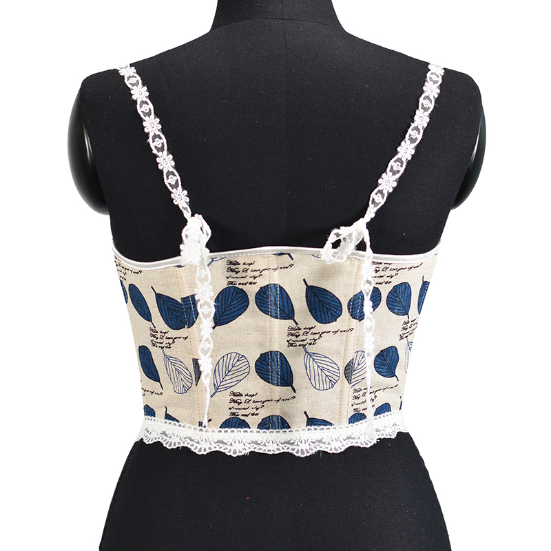 Women Blue Leaves Printed Lace Camis Cropped Corset Fashion Linen Tanks Vintage Plastic Boned Overbust Bustier Tupe Tops Cyber Baby Tee Ropa Fairycore