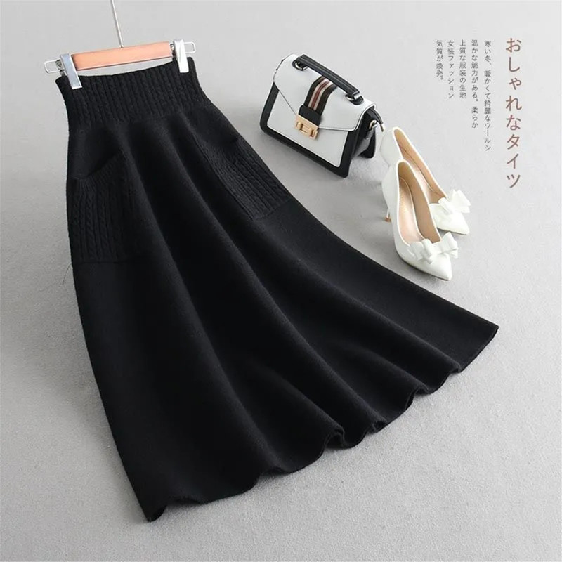 High Waist Women Winter Wool Knitting Long Skirts Faldas Jupe Femme Saia Korean Office Ladies Vintage Black Skirt With Pocket 220317