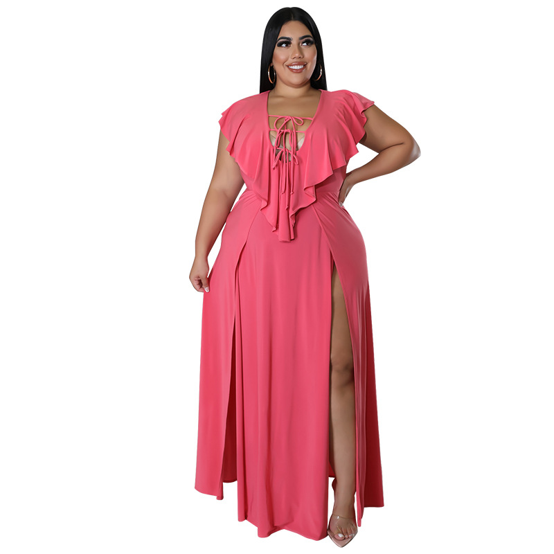 Women Sexy Plus Size Dresses A-Line Ruffle Halter Neck Split Beach Party Maxi Casual Dress Summer