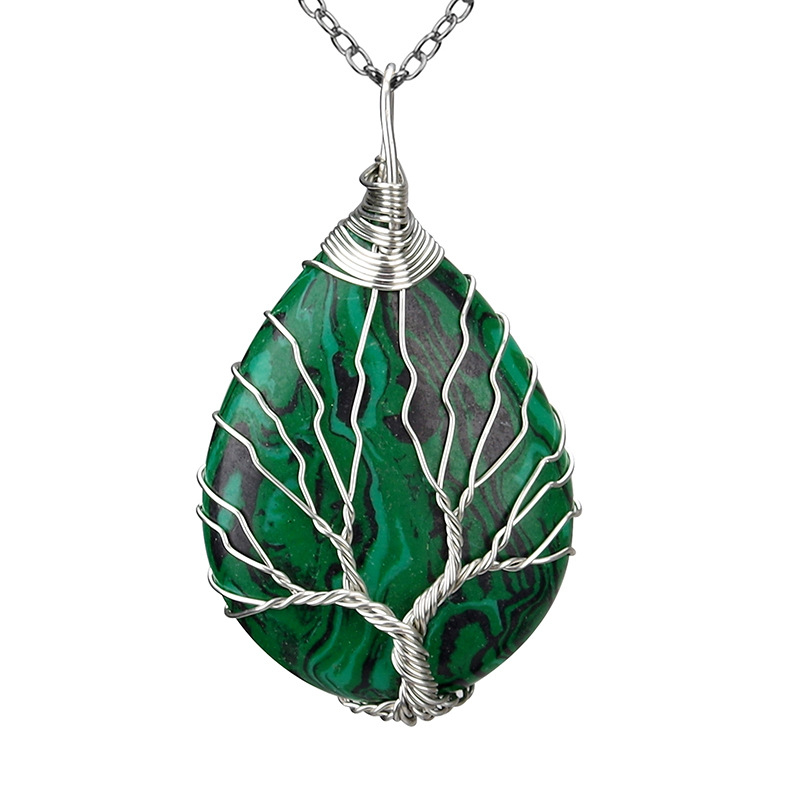 Silver Brass Wire Wrapped Tree of Life Natural Crystals Agate Pendant Necklace Healing Stone Necklaces