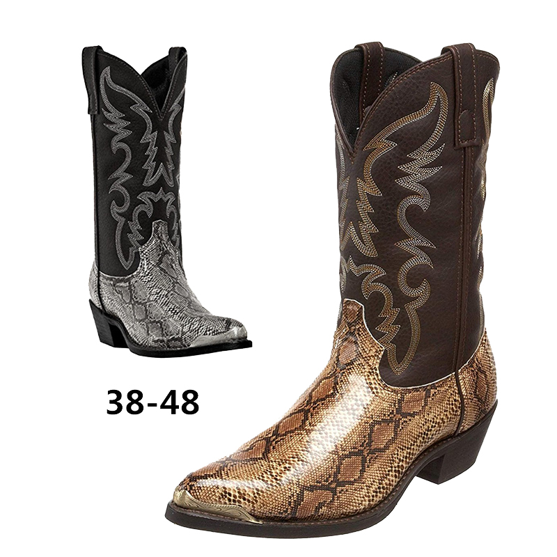 2022 new retro men's boots snake print mid-tube color-blocking high heels iron toe western cowboy boots large size European and American knight shoes 38-48 yards, Silver
2022 new retro men's boots snake print mid-tube color-blocking high heels iron toe western cowboy boots large size European and American knight shoes 38-48 yards, Silver