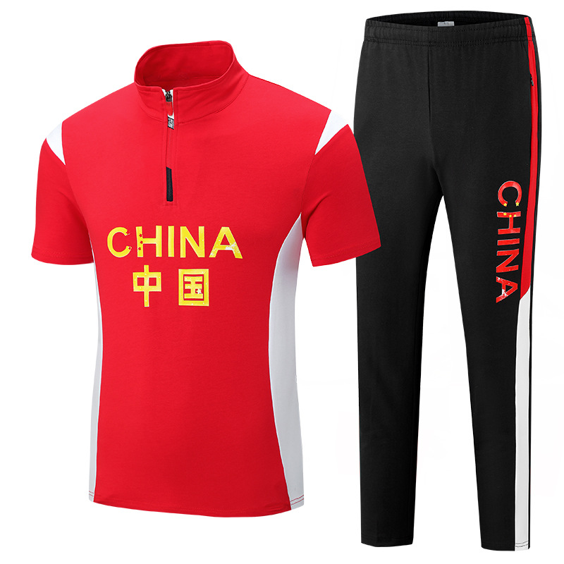 Men's Tracksuits Summer Athletes Running Jacket + Pants Chinese Team Sportswear Cotton Martial Arts Student Short Sleeve Top Unisex Training Suit