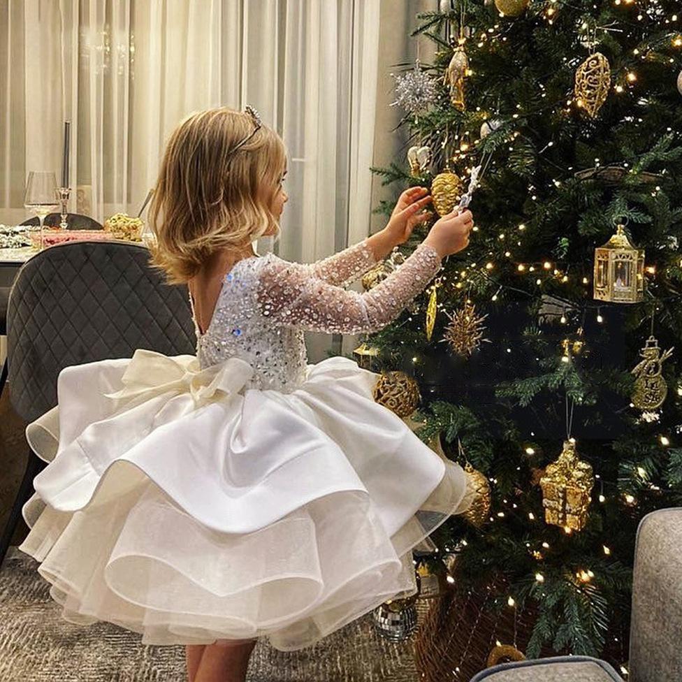 2022 Yellow Flower Girls Dresses For Weddings Illusion Long Sleeves Lace Appliques Sequined Tutu Short Ruffles Tiered Birthday Children Girl Pageant G