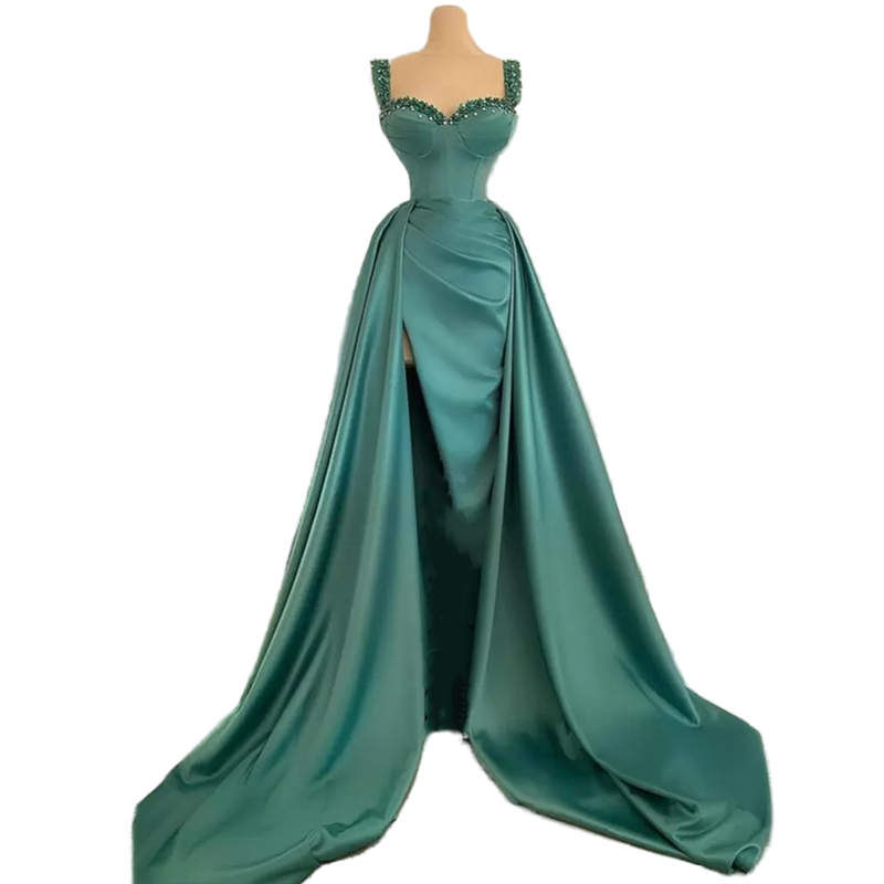 Elegant Straps Satin Evening Dresses With Peplum Detachable Train Crystals Beaded Long Prom Party Gowns Women Charming Sexy Side Split Special Occasio