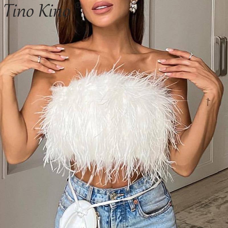 Sexy Women Furry Crop Top Camis Ostrich Feather Tank Tunic Vest Female Sleeveless Bra Party Ladies Tube Cropped Corset 220316