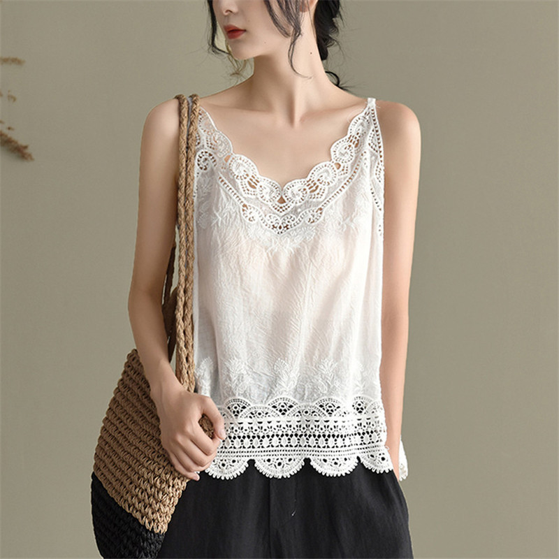 Summer Spaghetti Strap Tops Women Sleeveless V-Neck Embroidery Cotton Linen Tank Top Casual Vintage Camis Mujer Tee Shirt Femme 220316