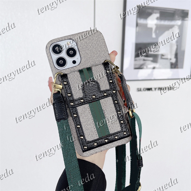 Fashion Make-up Mirror Designer Cell Phone Cases for iPhone 17 Series 16 16pro 15 15pro 14 13 12 pro max Rivet Leather Card Holder Luxury Cover with Lanyard