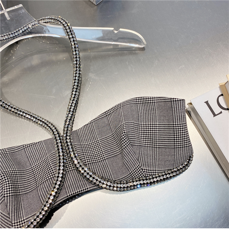 Summer French Ins Style Fashion Plaid Camisole Sexy Diamond-Studded Halterneck Tube Top Women Nightclub Party Tank Tops 220316