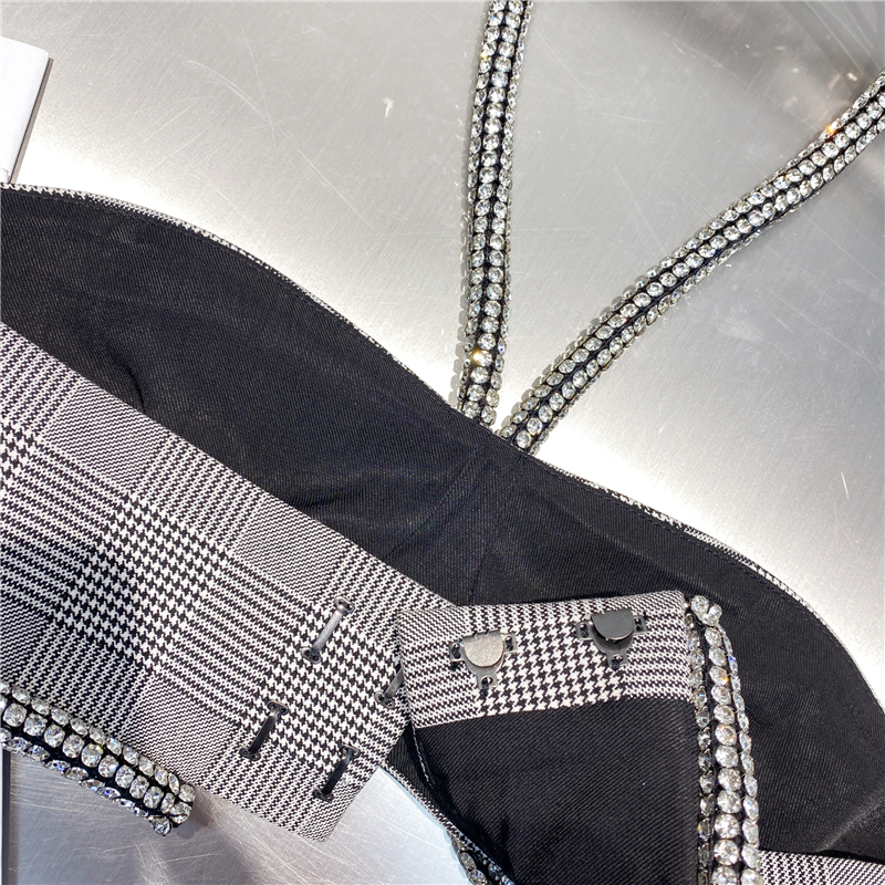 Summer French Ins Style Fashion Plaid Camisole Sexy Diamond-Studded Halterneck Tube Top Women Nightclub Party Tank Tops 220325