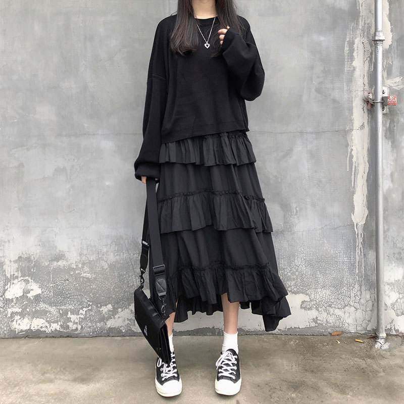 HOUZHOU Black Long Skirts Women Gothic High Low Ruched Ruffle Waisted Asymmetrical Midi Skirt Korean Fashion Goth Grunge 220317