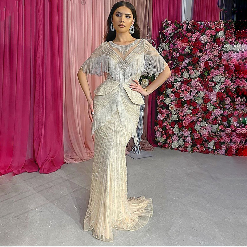 Luxury Dubai Crystal Tassel Silver Evening Dresses sparkly aso ebi Mermaid Arabic dubai peplum Long Gold Prom engagement reception Party Gown Yousef A
