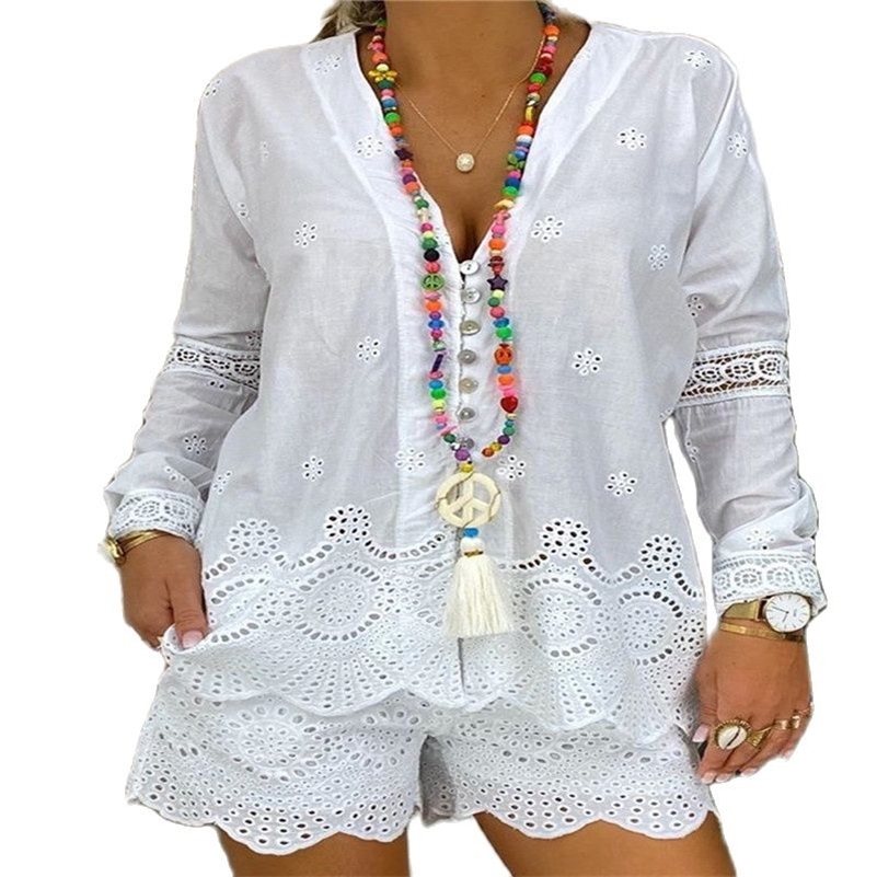 Summer White Two Piece Women Casual s Long Sleeve Elegant Drawstring VNeck Plus Size Shorts Mujer Set 220611
Summer White Two Piece Women Casual s Long Sleeve Elegant Drawstring VNeck Plus Size Shorts Mujer Set 220611