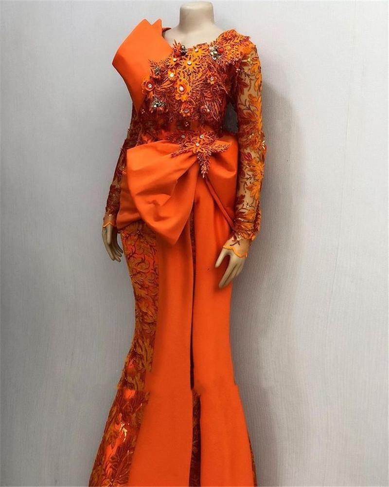 2022 Orange Mermaid Prom Dresses African Arabic Aso Ebi Long Sleeve 3D Floral Lace Pleated Big Bow Evening Engagement Gown