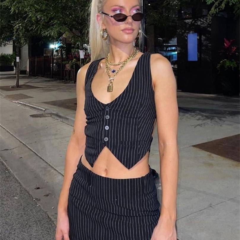 Dulzura Stripe Print Women 2 Pieces Irregular V Neck Vest Mini Skirt Set Streetwear Fashion Crop Top Autumn Winter Clothes 220602