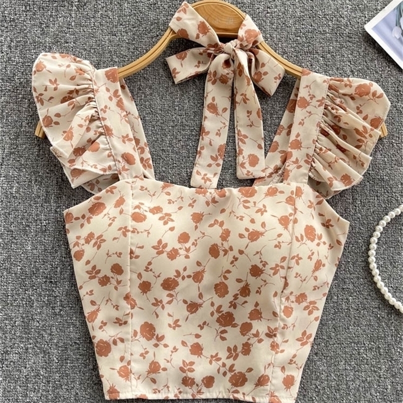 SINGREINY Summer Floral Strap Tops Women Square Neck Bow Ruffles Short Camisole Fashion Korean Flower Ladies Elastic Waist Top 220325