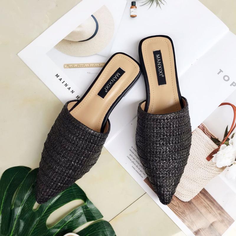 Slippers Women's Summer Solid Toe-covered Slipper Fashion Pointed Woven Breathable Lazy Flat Sandals Women Mule Slides Shoes